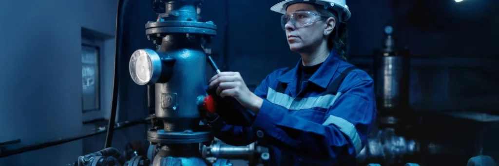 Engineer in safety gear adjusting a valve on industrial piping inside a manufacturing plant.
