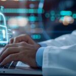 Doctor using a laptop with digital security graphics overlay, representing data protection and cybersecurity in healthcare.